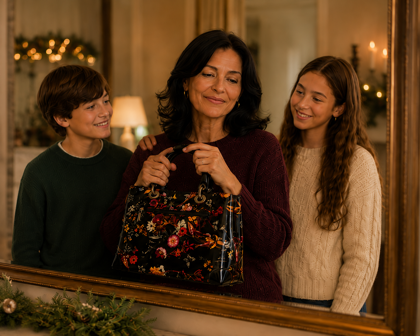 Night Blossom floral leather handbag reflected in a mirror, with mom, daughter, and son
