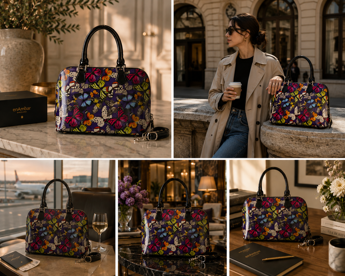 Butterfly print Italian leather handbag, lifestyle and close-up views