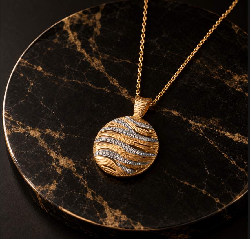 Gold wave pendant necklace with sparkling stones displayed on a black marble jewelry tray with gold veining.