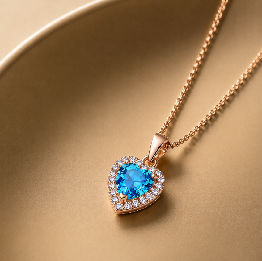 Rose gold heart pendant necklace with blue CZ center stone and clear crystal halo on a warm gold background.