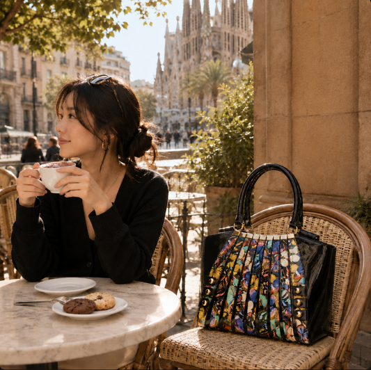 Woman at an outdoor Barcelona café with a colorful butterfly statement handbag beside her and the Sagrada Família in the background.