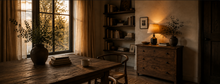 Cozy dining room with wooden furniture, bookshelves and warm lamplight at sunset
