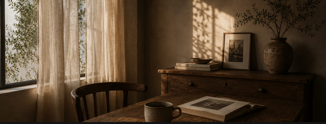 Warm reading corner with wooden desk, open book, coffee cup and soft sunlight through linen curtains