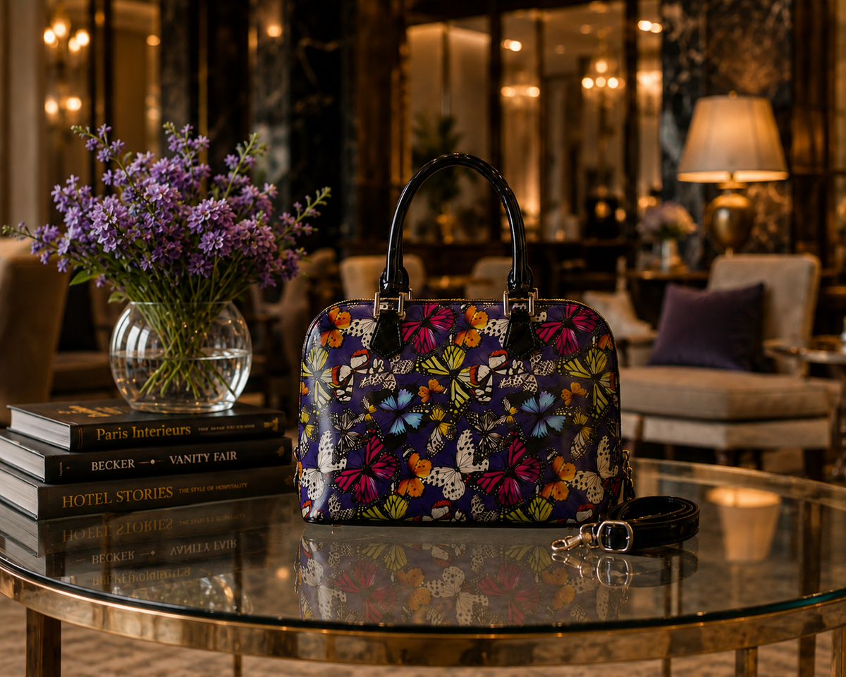 Colorful butterfly print handbag with black handles displayed on a glass table in an elegant hotel lounge with purple flowers and warm lighting.