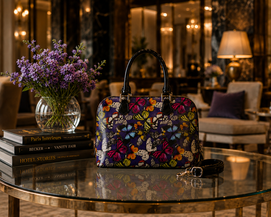 Colorful butterfly print handbag with black handles displayed on a glass table in an elegant hotel lounge with purple flowers and warm lighting.