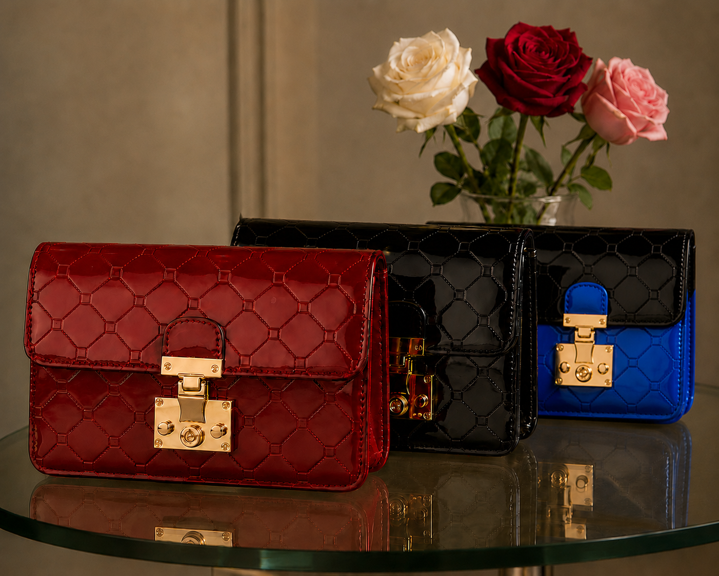 Diamond quilted leather crossbody clutch in black, red, and blue-and-black