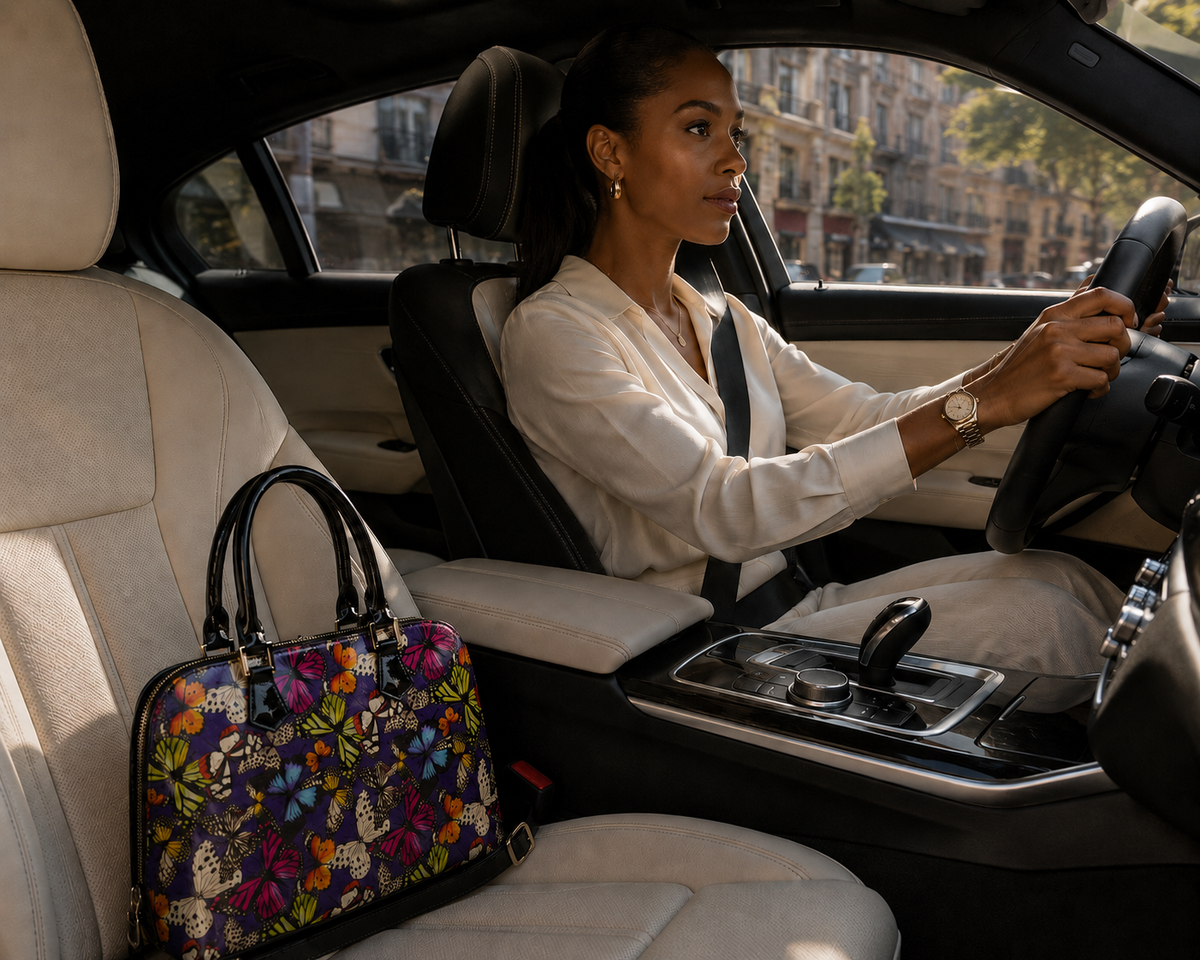 Butterfly print Italian leather handbag with a detachable strap, in the car
