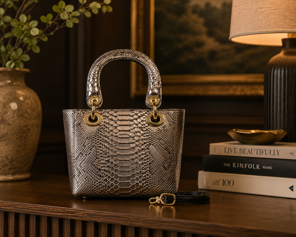 Galina Mini leather handbag in silver, in a living room
