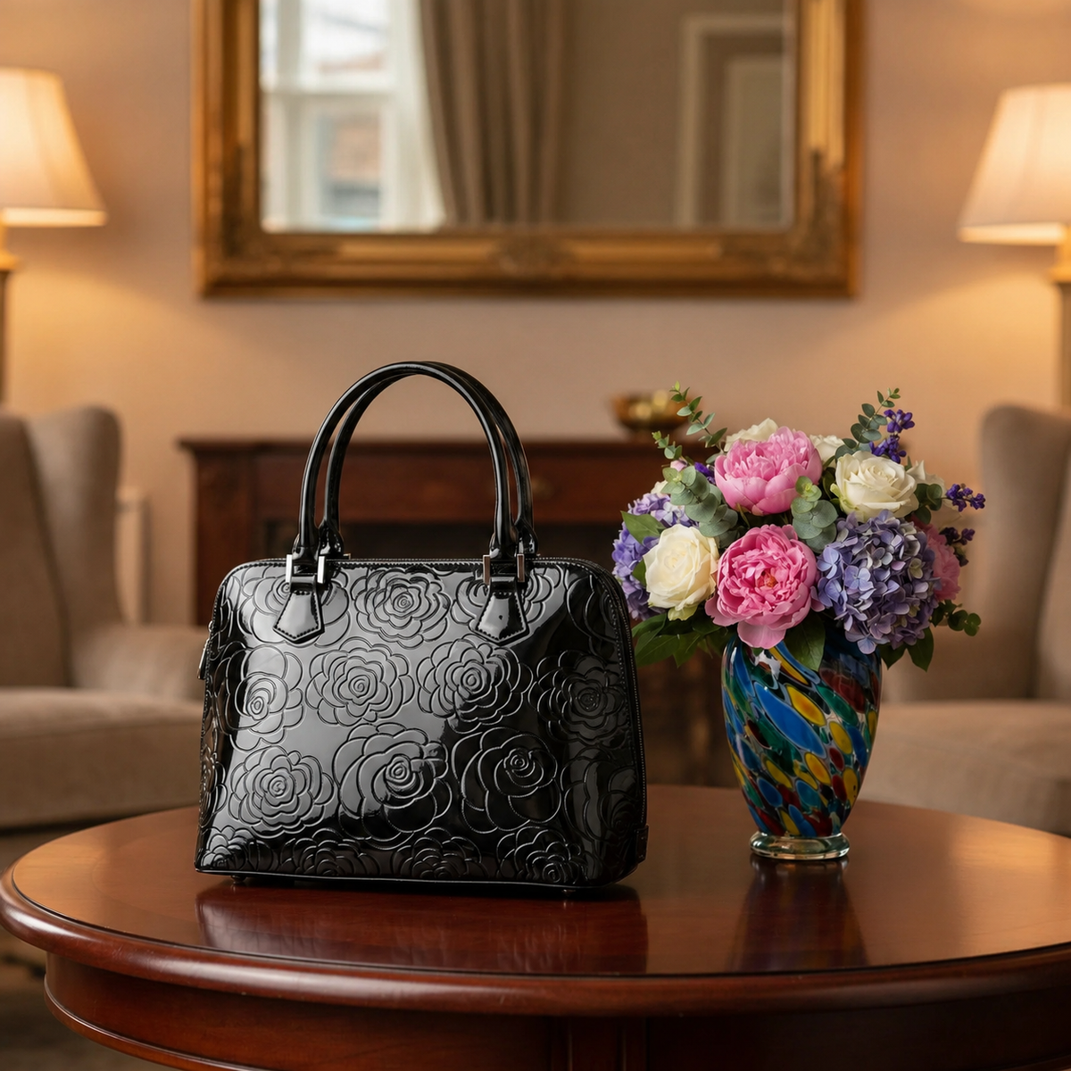 Black floral leather handbag, print detail