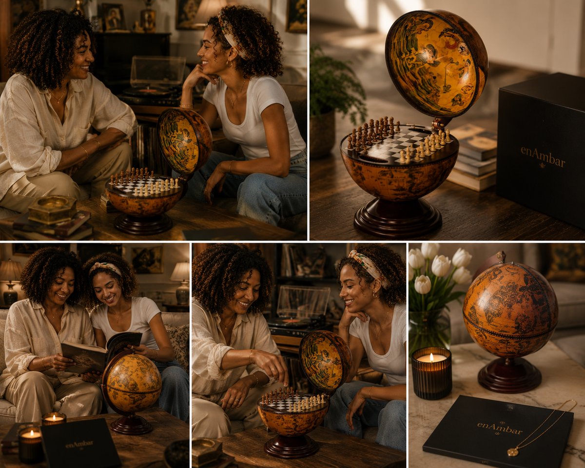 Golden nautical globe chess set with open board, two women playing at home