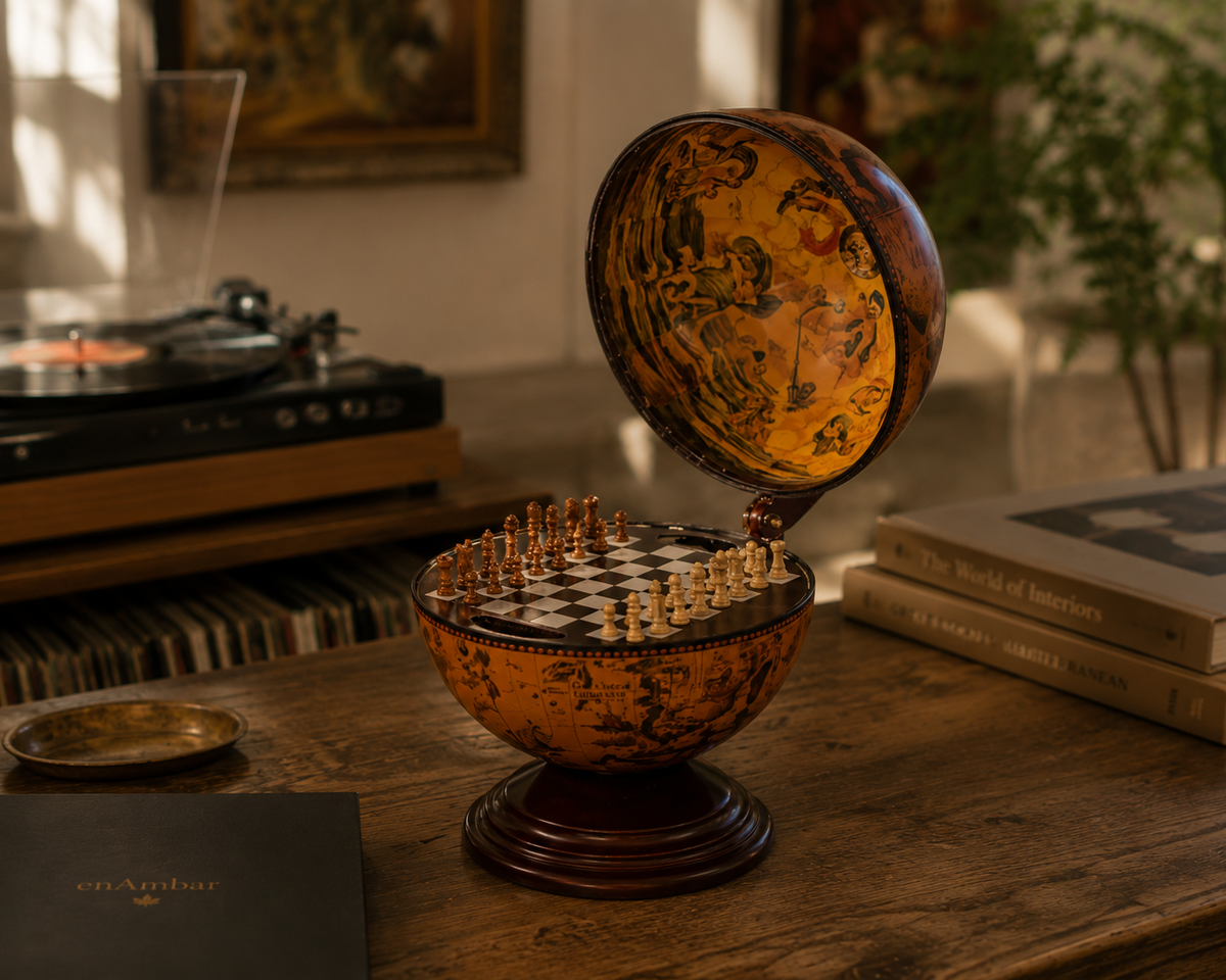 Golden nautical globe chess set styled on desk