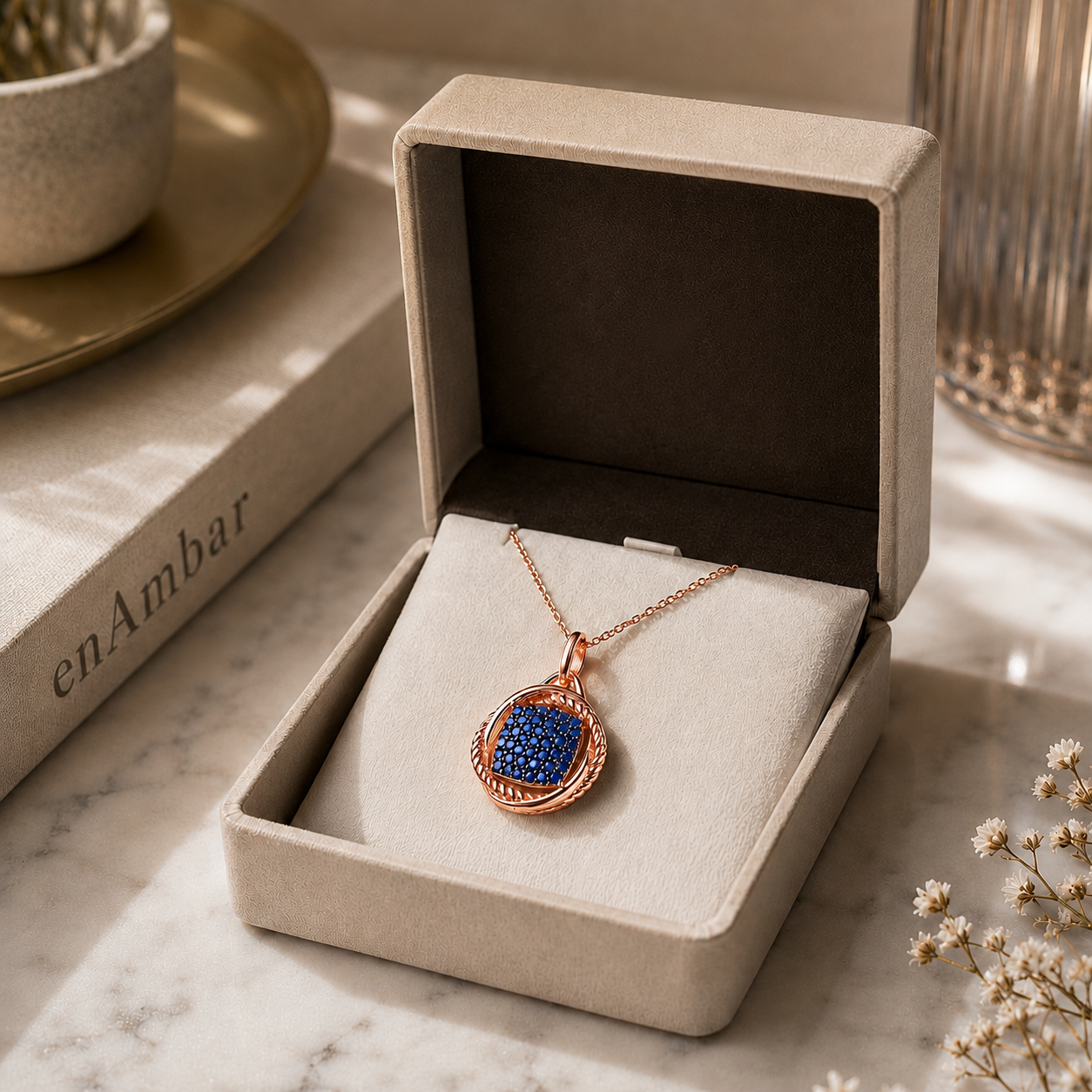 Rose gold and blue cubic zirconia drop pendant necklace in gift box
