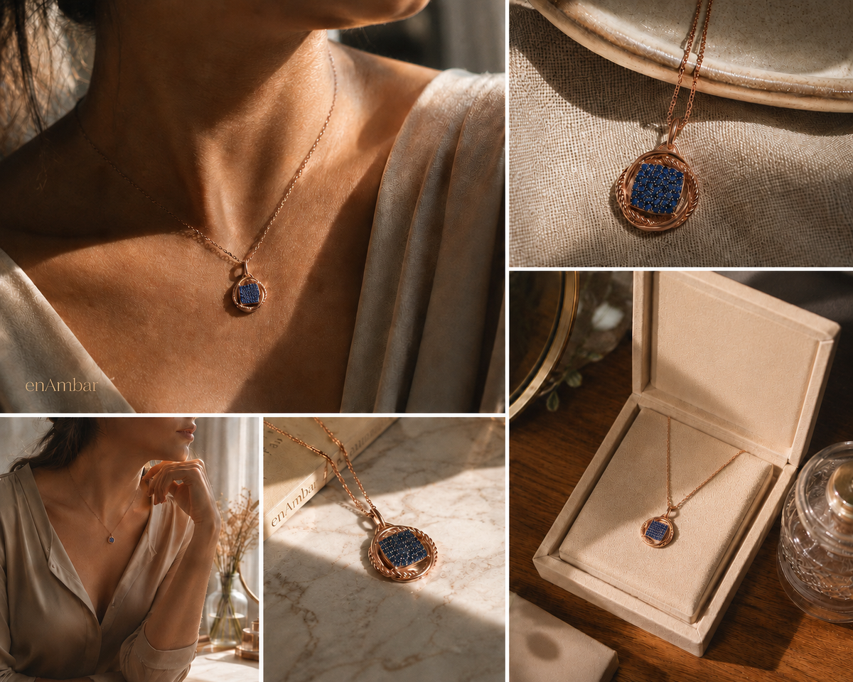 Rose gold and blue cubic zirconia drop pendant necklace with gift box and close-up views
