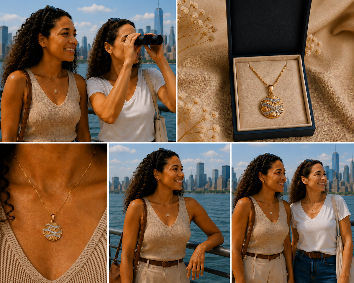 Gold cubic zirconia wave pendant with gift box and product details