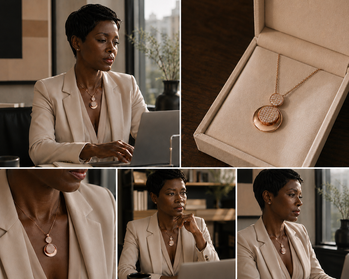 Rose gold micro pavé round pendant with gift box and detail views
