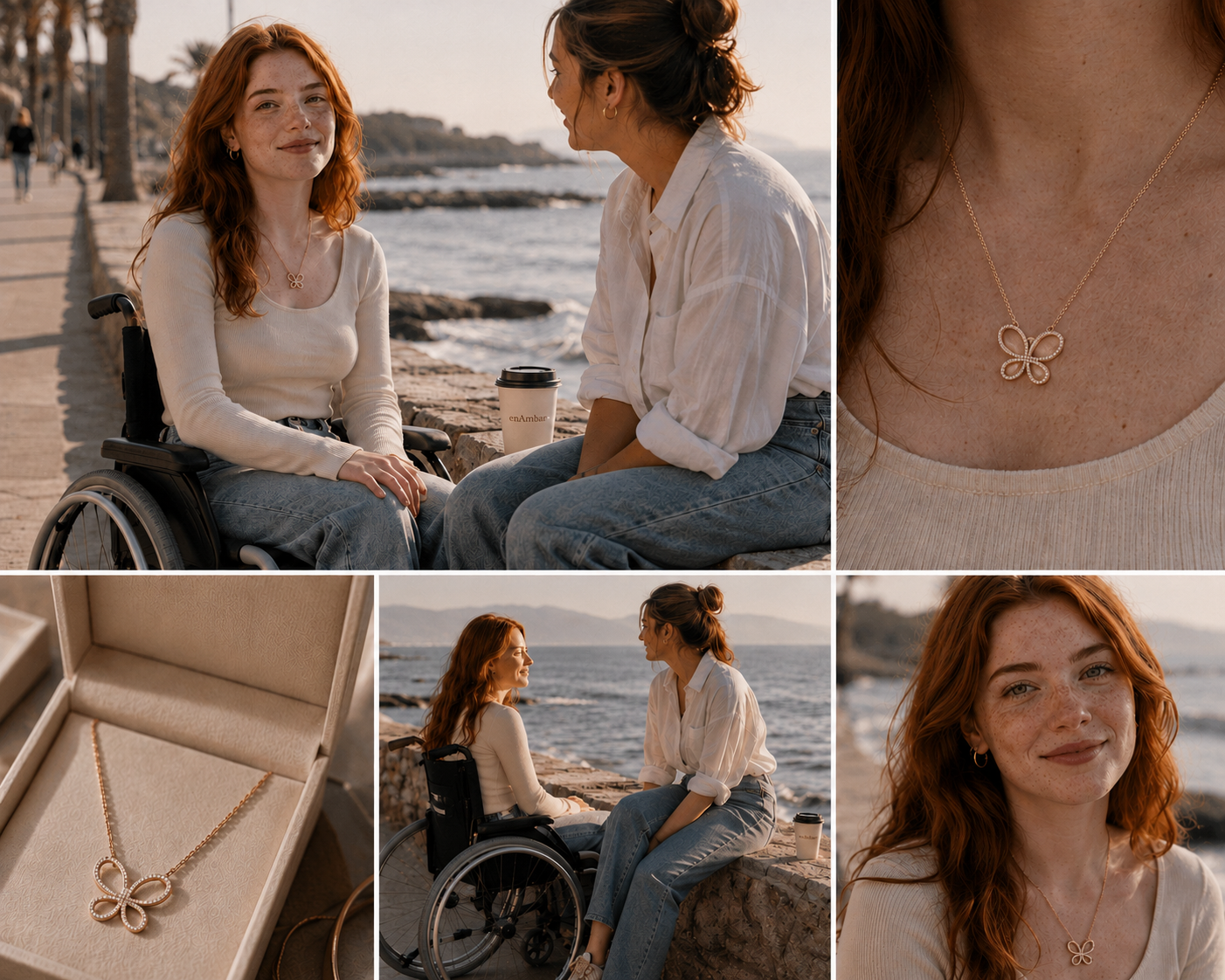 Rose gold cubic zirconia butterfly pendant, shown in gift box, close-up, and lifestyle views