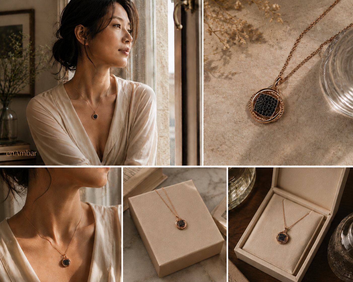 Rose gold and black pavé cubic zirconia drop pendant, shown in close-up, gift box, and lifestyle views