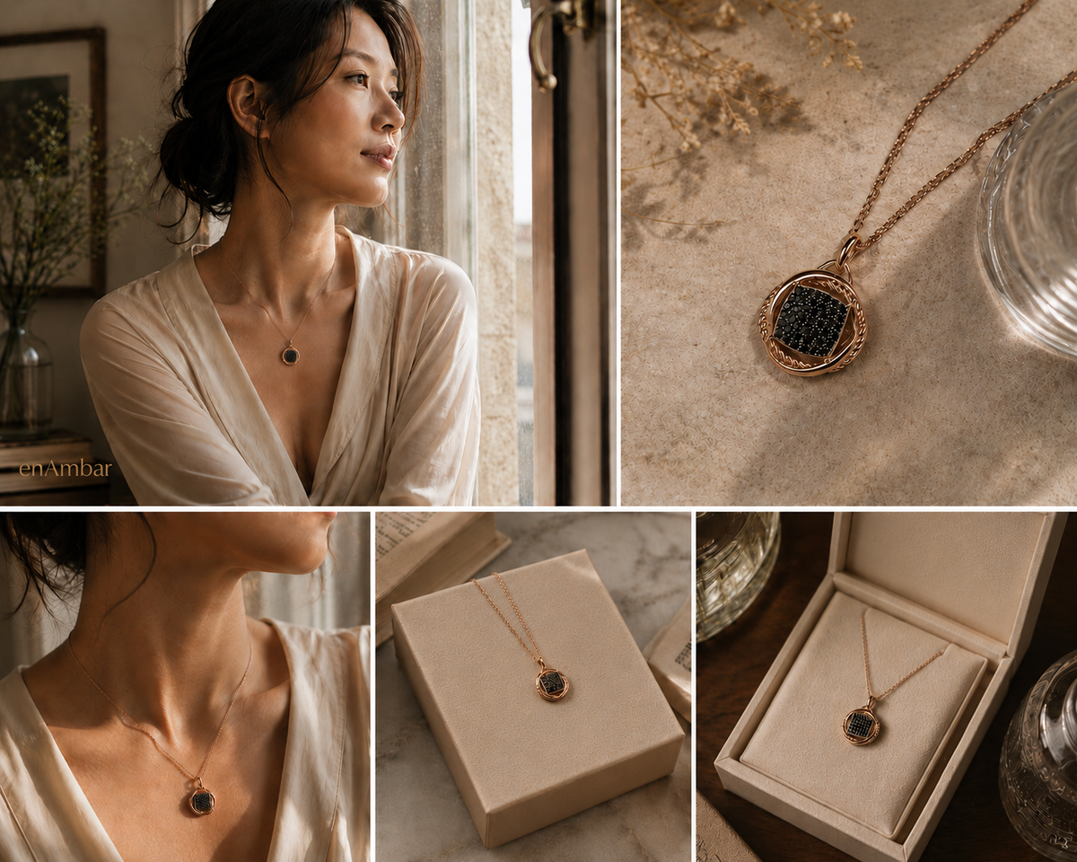 Rose gold and black pavé cubic zirconia drop pendant, shown in close-up, gift box, and lifestyle views