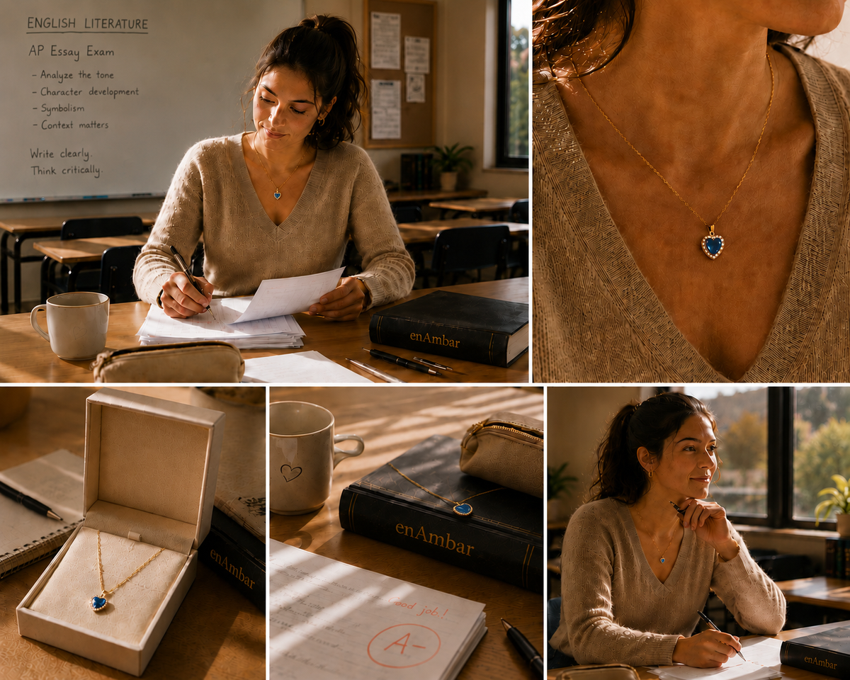 Rose gold cubic zirconia heart drop pendant, shown in close-up, gift box, and classroom lifestyle views