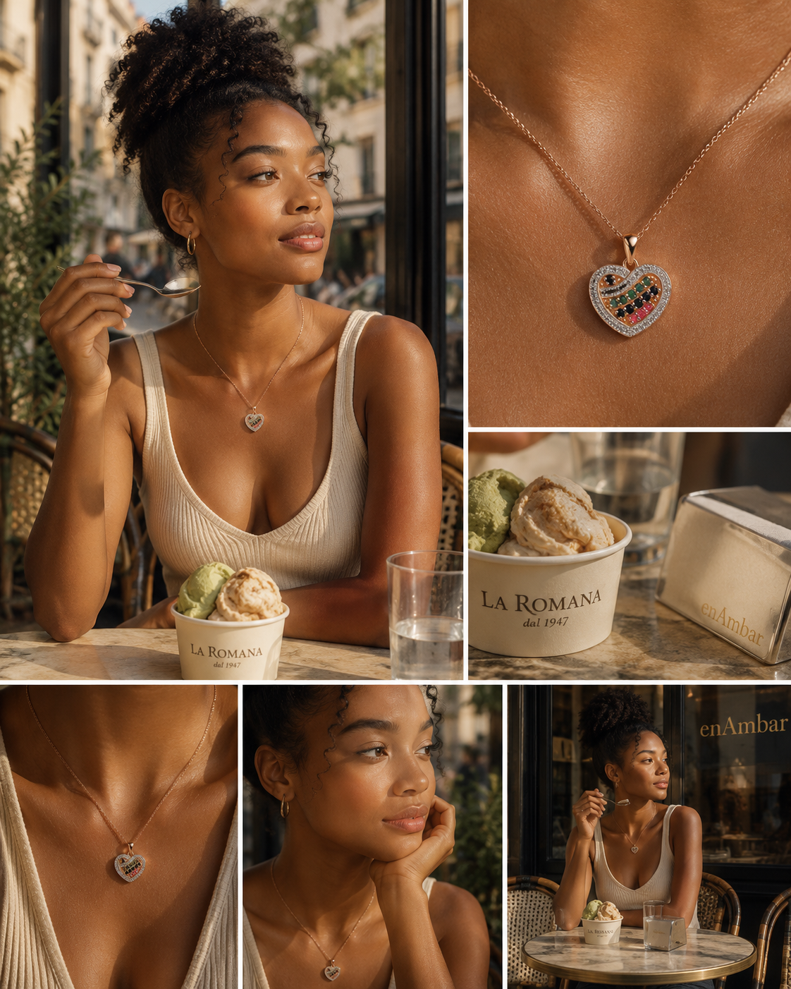 Sterling silver cubic zirconia pavé heart necklace with styling and detail views