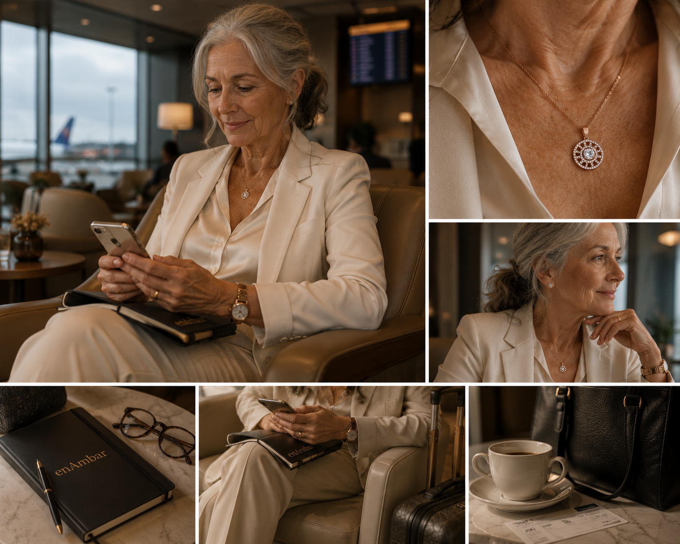 Rose gold white cubic zirconia wheel pendant, shown in close-up, lifestyle, and travel-inspired detail views