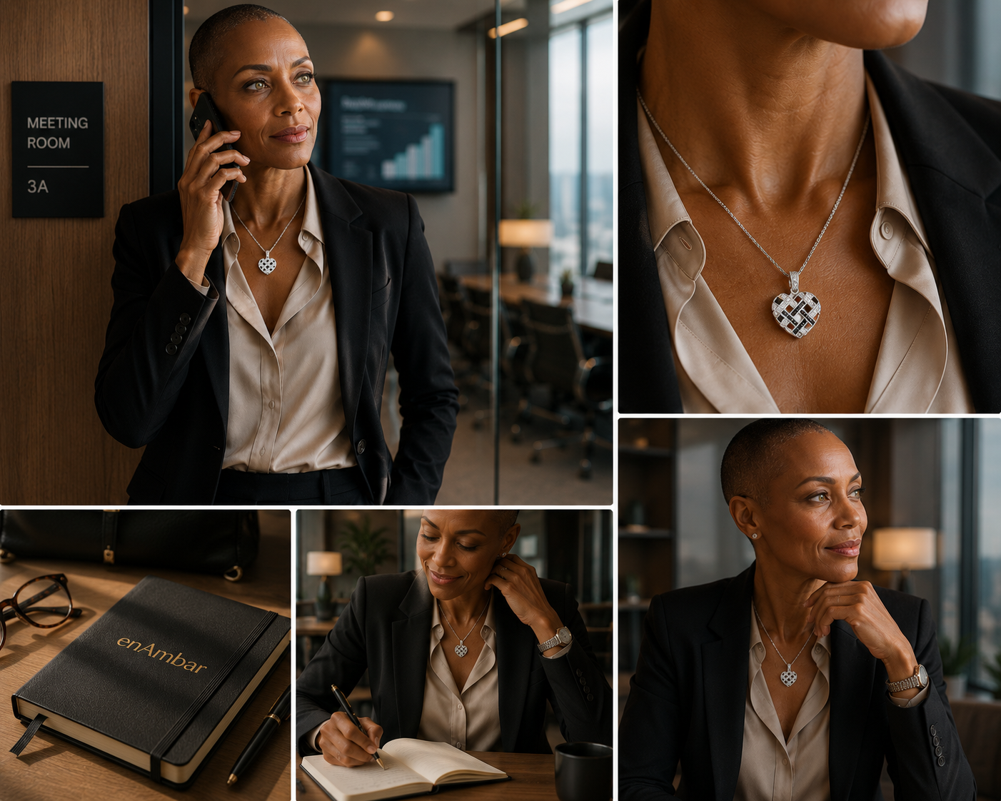 Black and white woven cubic zirconia heart pendant with detail and lifestyle views