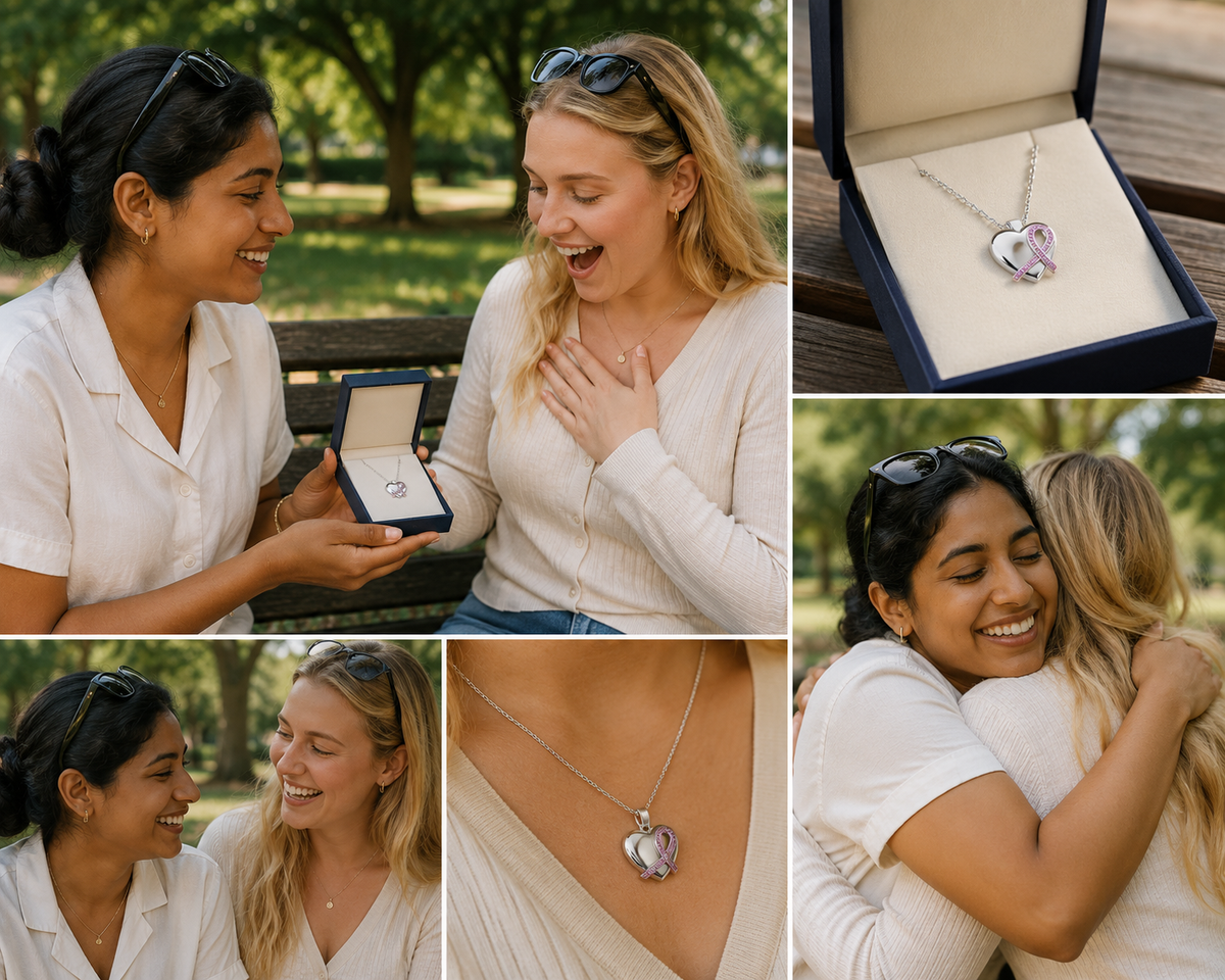 Two-tone pink heart pendant, shown as a gift between friends, with close-up details