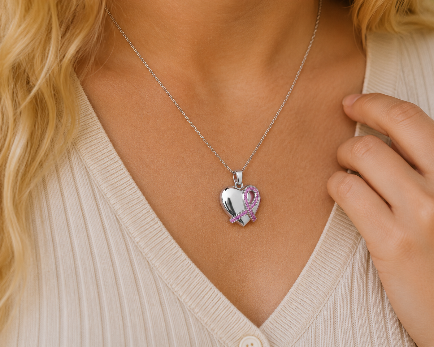 Two-tone pink heart pendant worn with a knit top