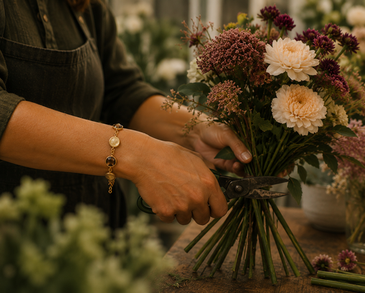 Gold cubic zirconia bracelet worn on the wrist