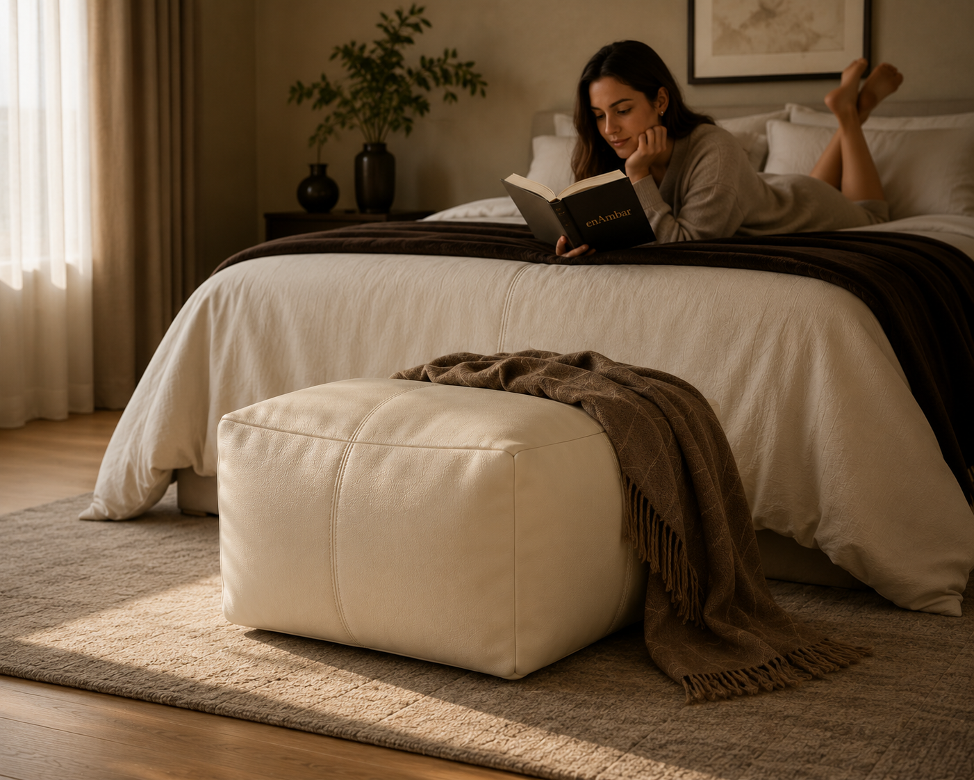 Ivory leather pouf ottoman used as accent seating
