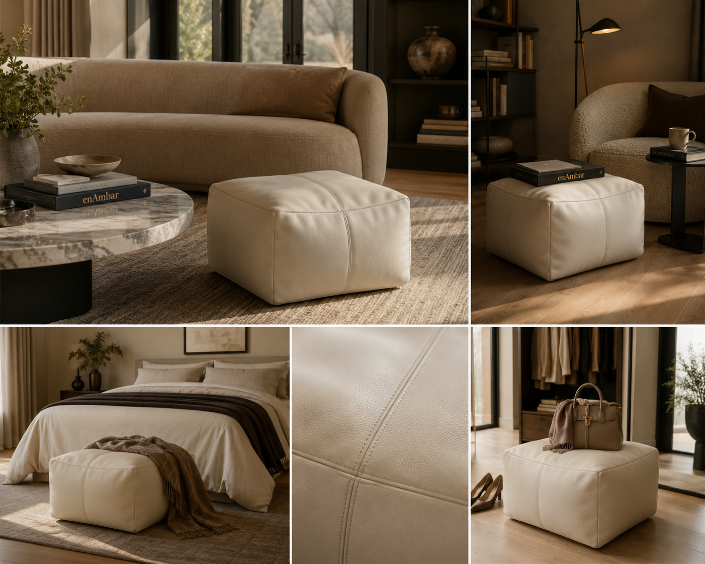 Ivory leather pouf ottoman, close-up views