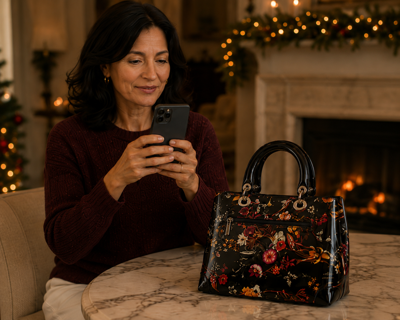Night Blossom floral leather handbag on a marble table with black patent leather handles