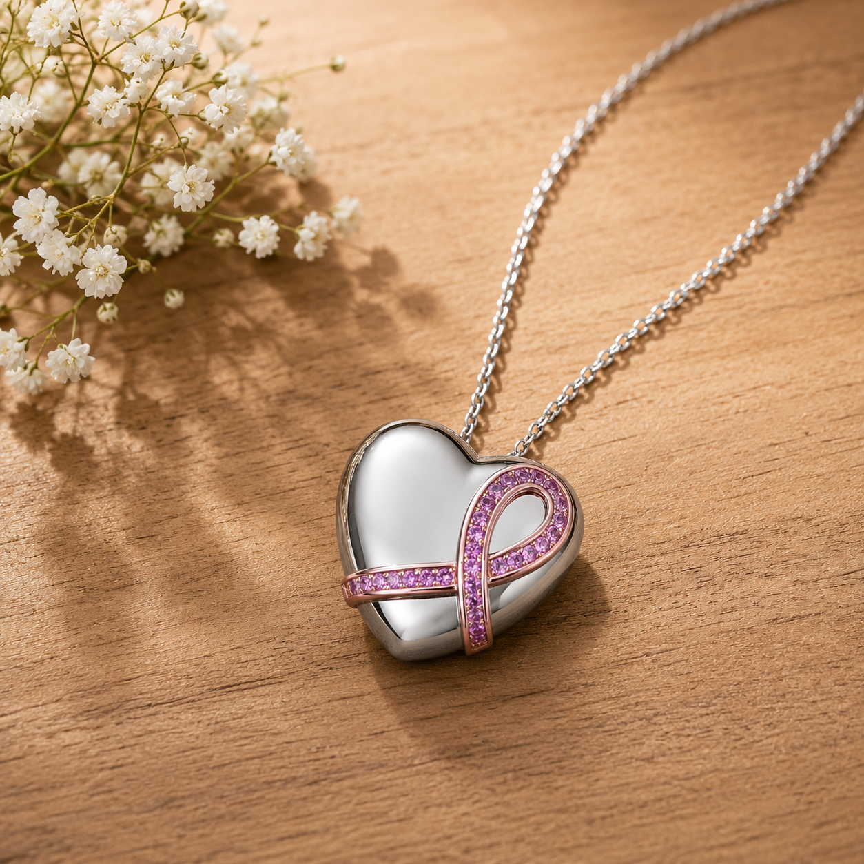 Two-tone pink cubic zirconia heart pendant on a wooden table