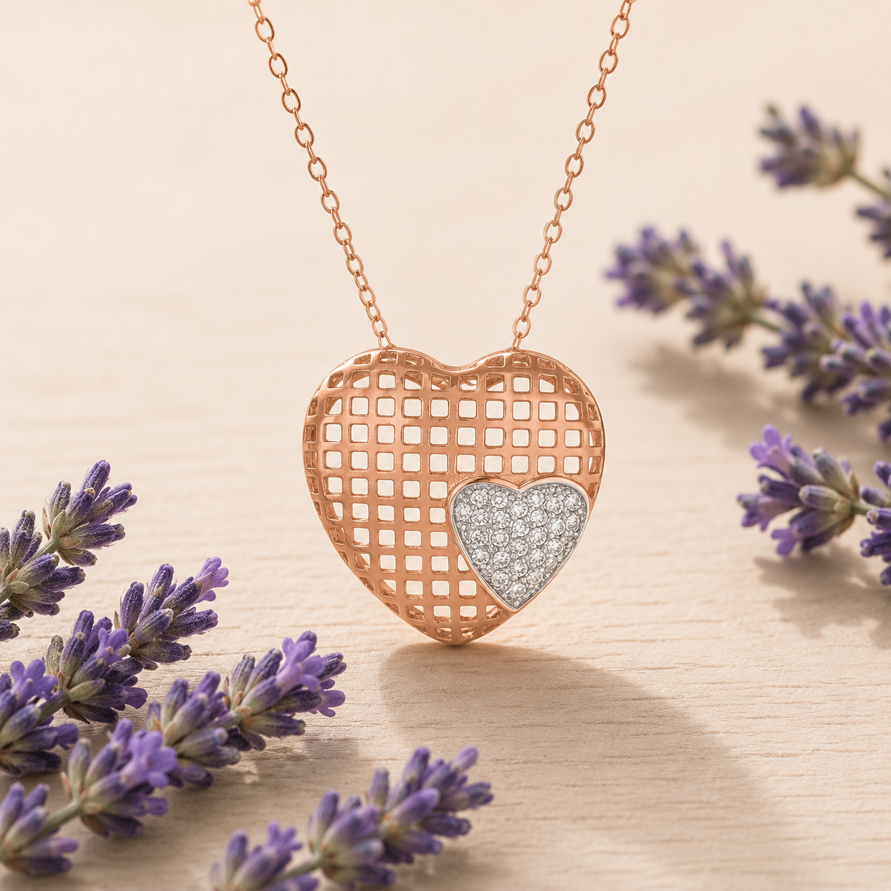 Rose gold cubic zirconia heart lace pendant with lavender