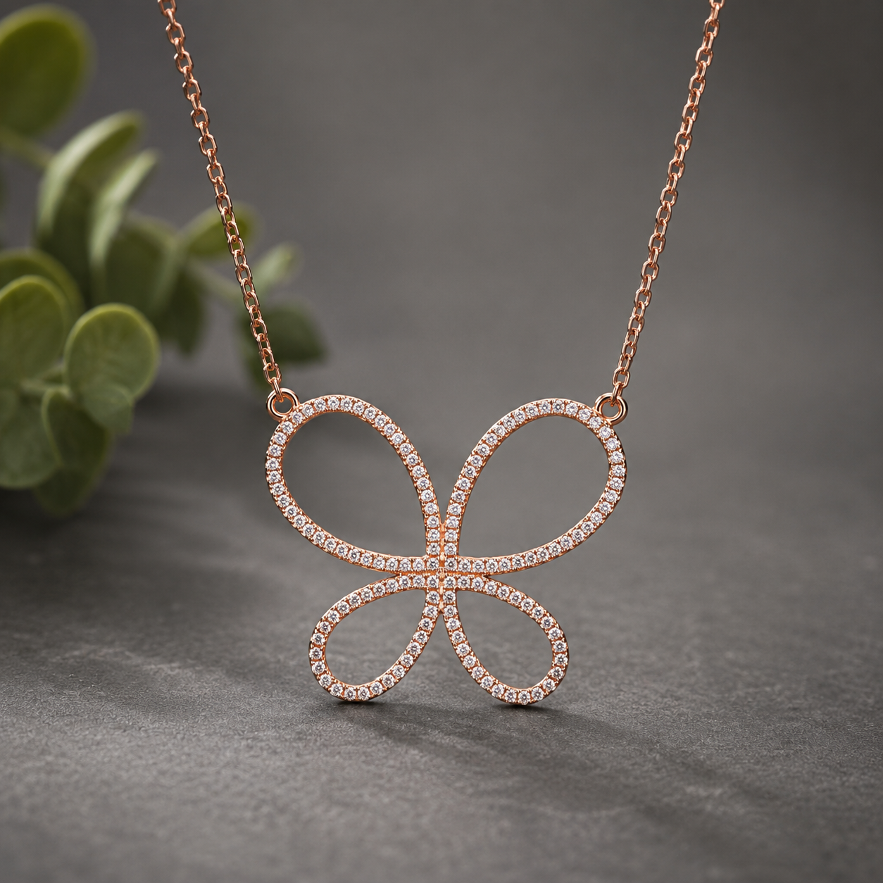 Rose gold cubic zirconia butterfly pendant on dark textured slate