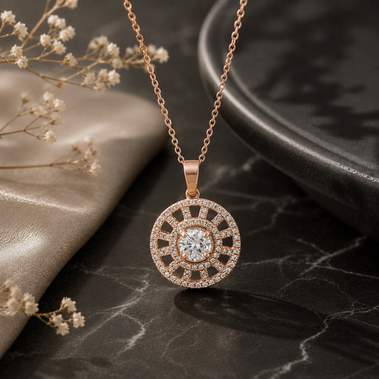 Rose gold white cubic zirconia wheel pendant on black marble