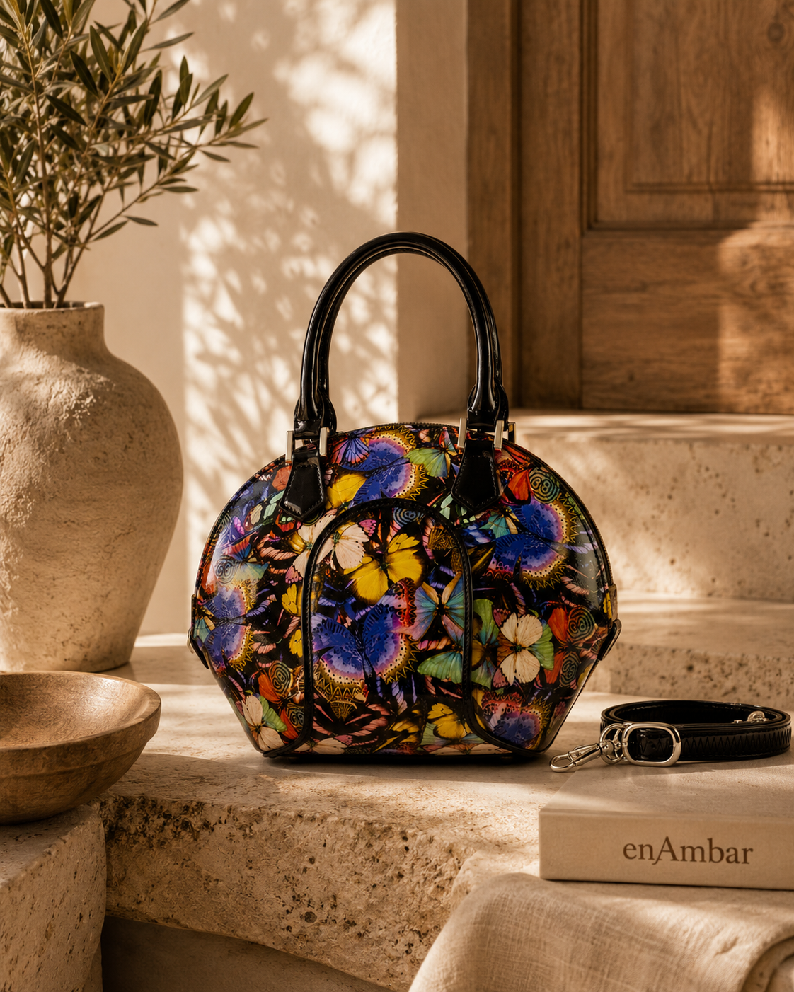 Svetlana leather handbag in night butterfly print, close-up