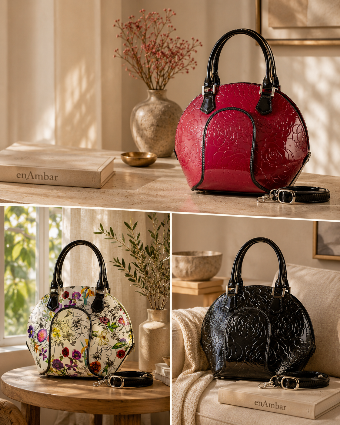 Svetlana leather handbag, three close-ups views