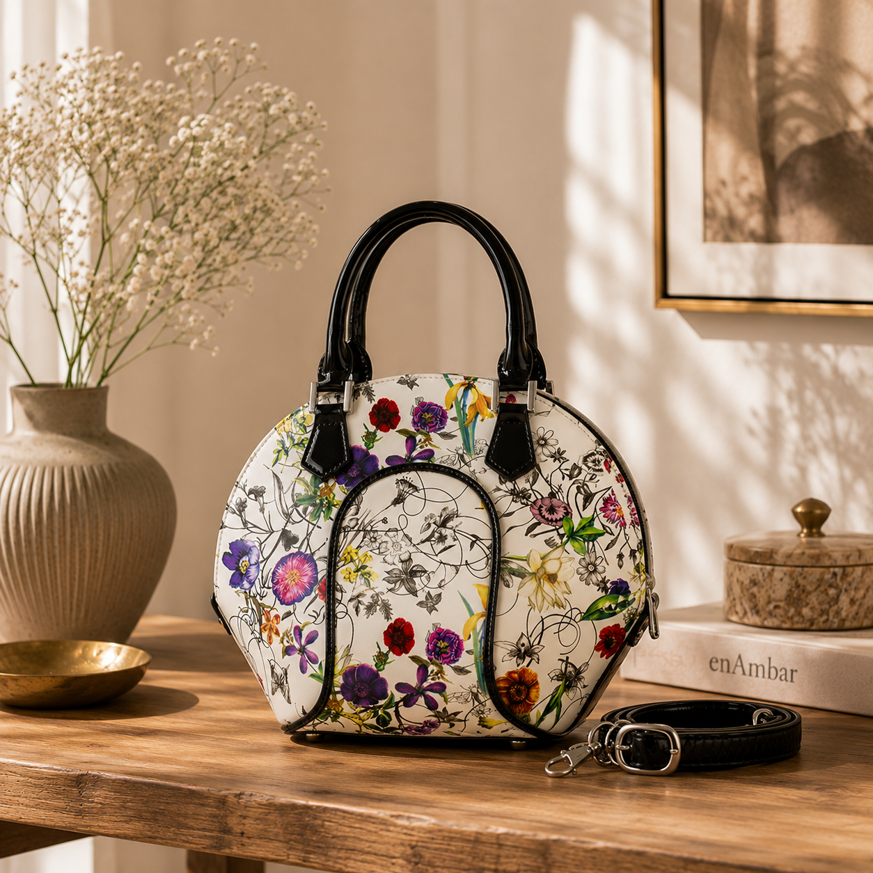 Svetlana leather handbag in floral print, close-up