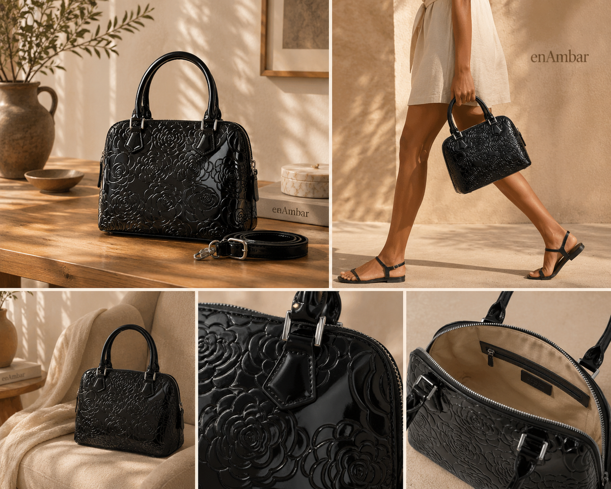 Black floral print leather handbag, close-up views