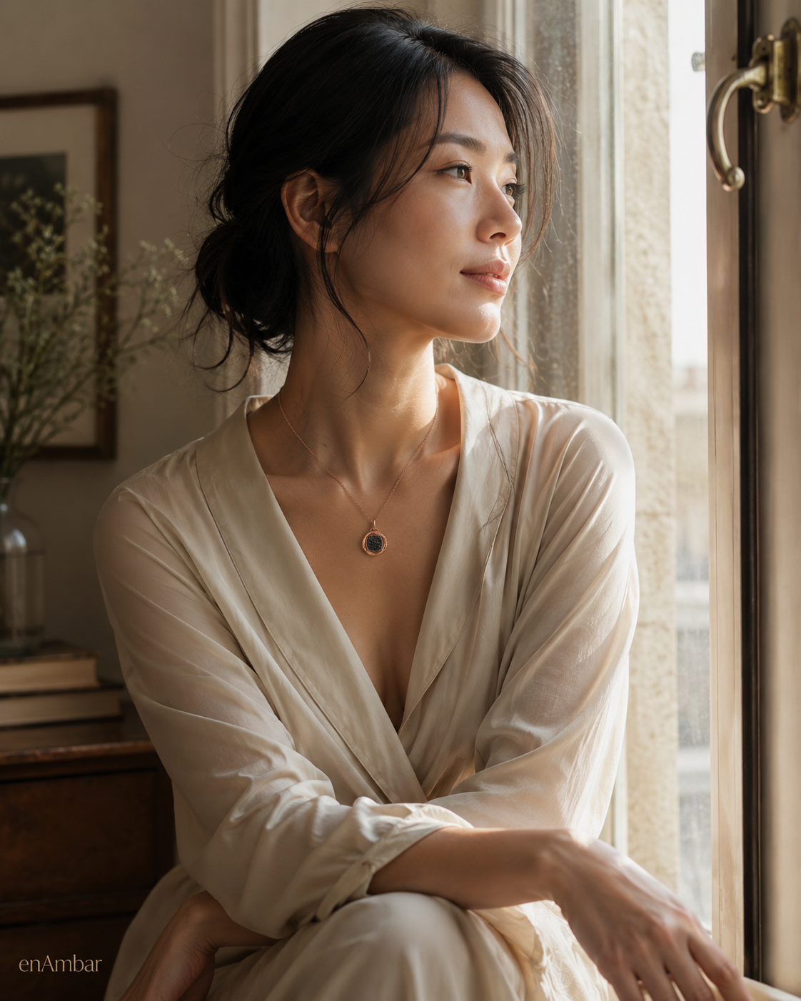 Rose gold and black pavé cubic zirconia drop pendant worn by a woman gazing out a sunlit window