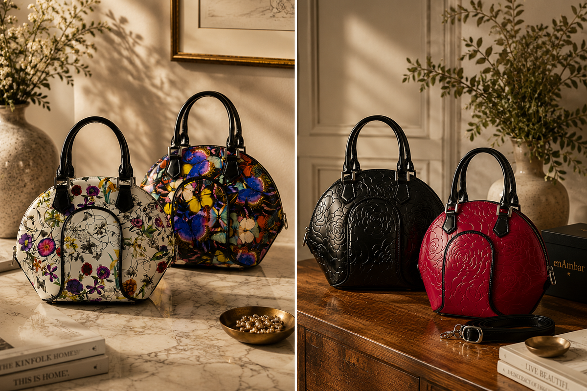 Svetlana leather handbag in floral print, night butterfly print, black, and red