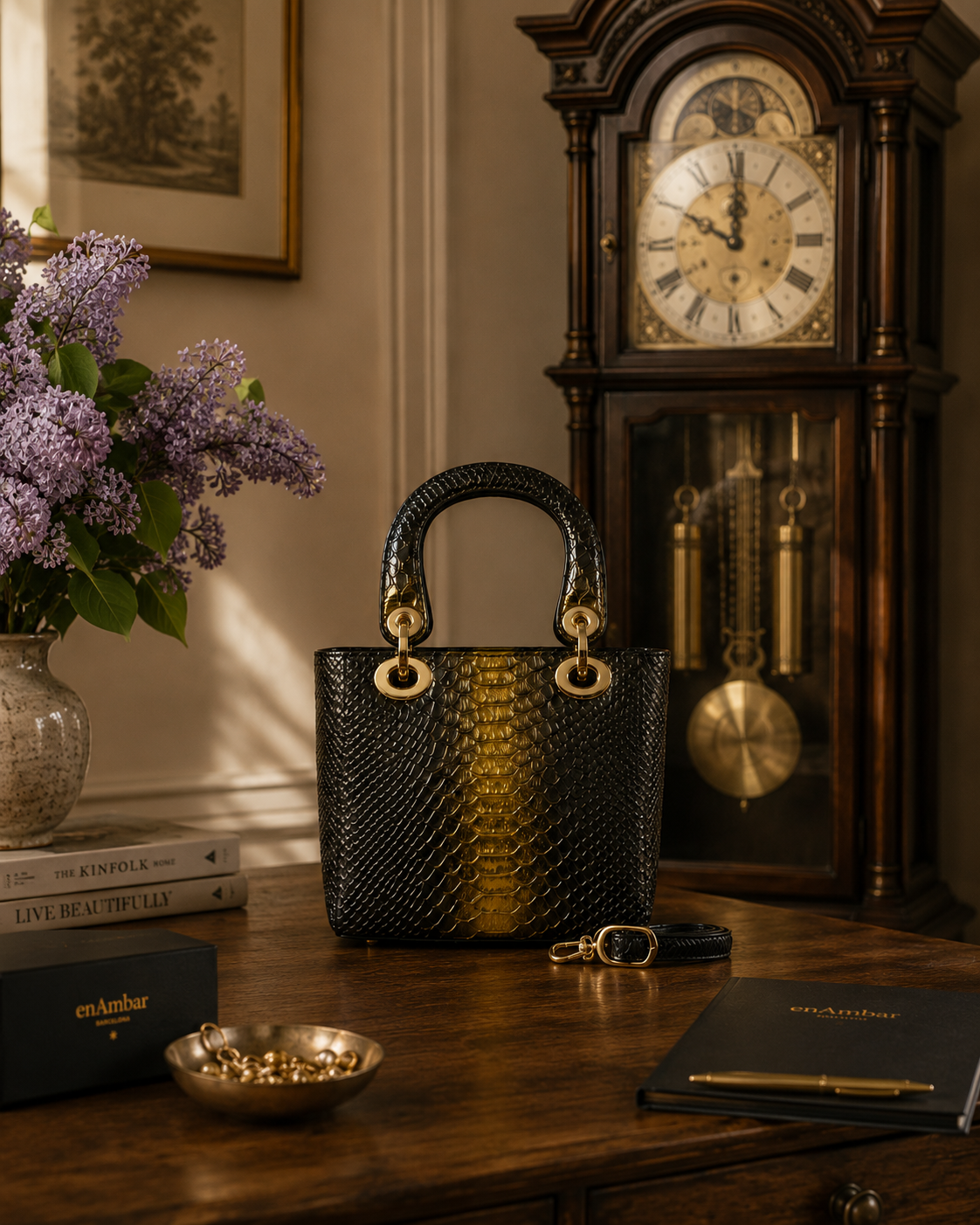 Galina Mini leather handbag in gold, on a wooden table