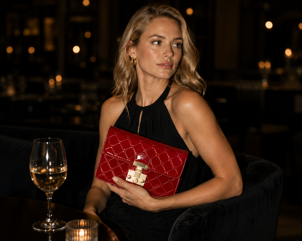 Diamond quilted leather crossbody clutch in red