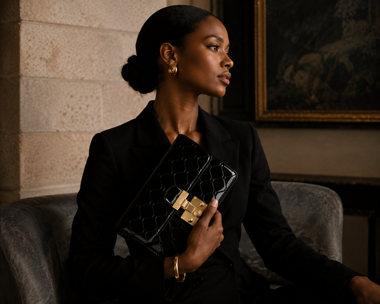 Diamond quilted leather crossbody clutch in black