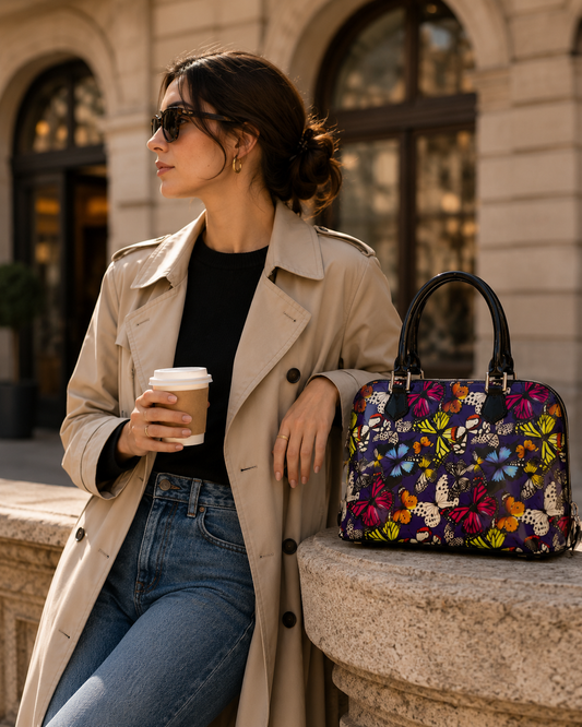 Butterfly print Italian leather handbag outside, set against a stone wall in natural light