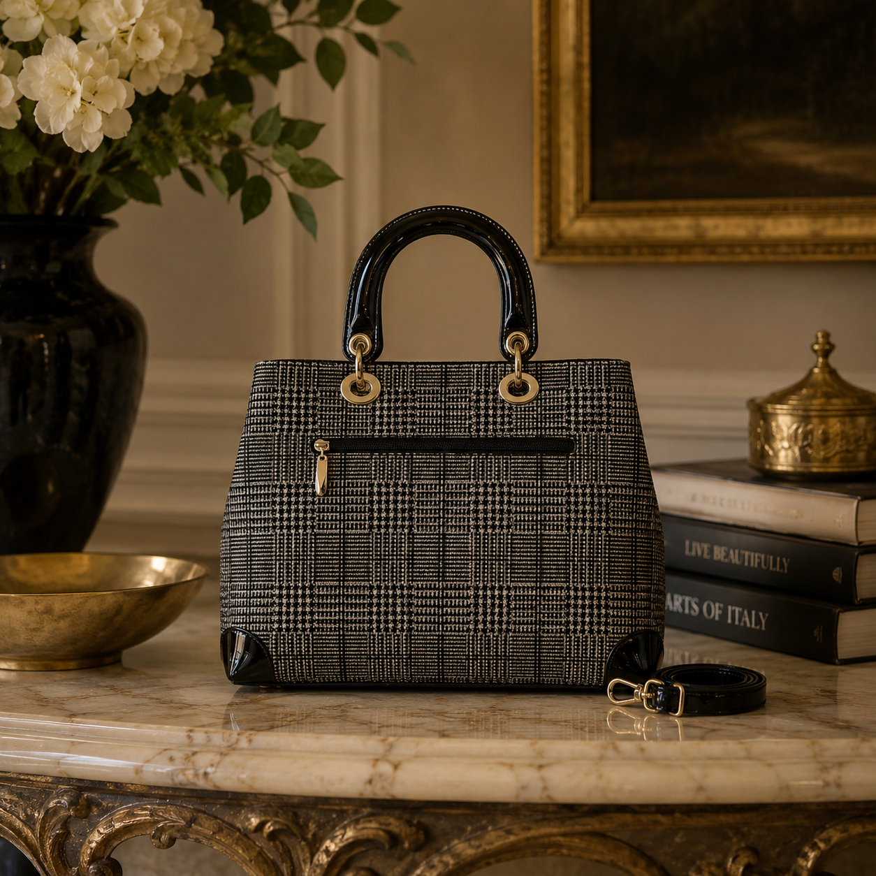 Galina sparkling tweed handbag, rear zip pocket view