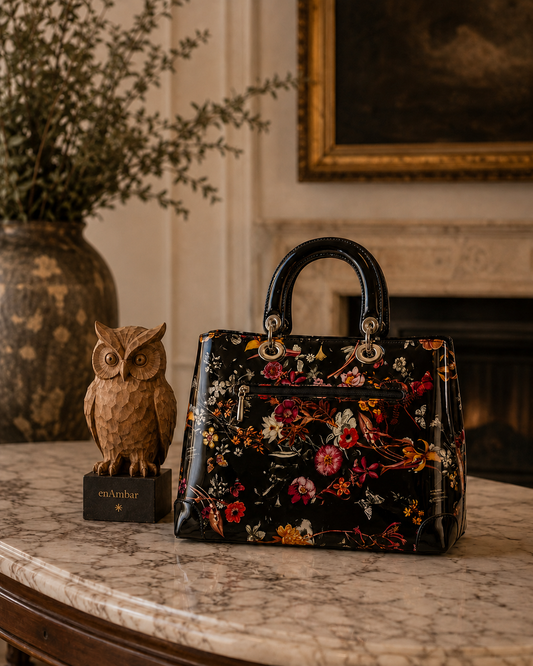 Night Blossom floral leather handbag with gold-tone hardware, front view