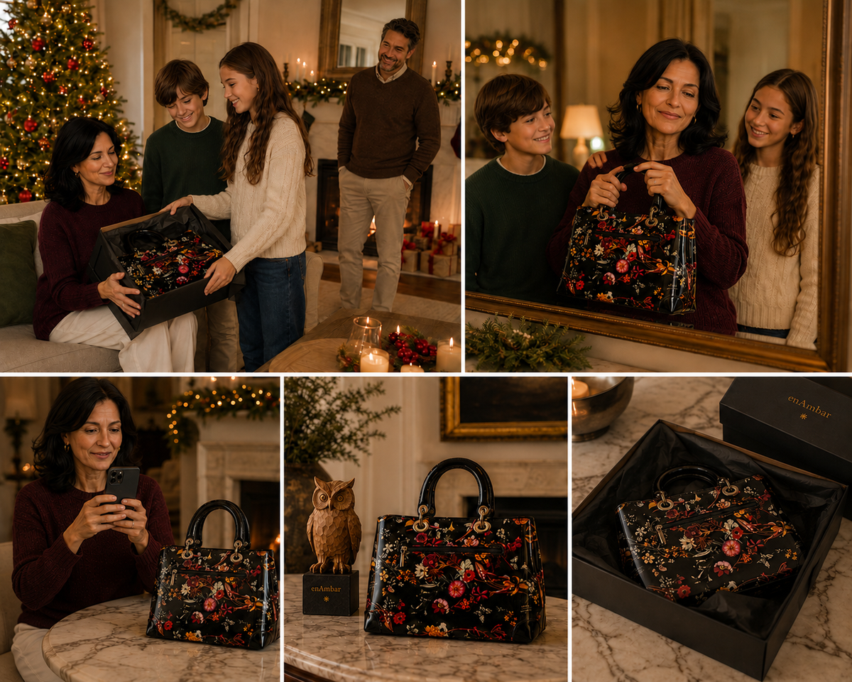 Night Blossom floral leather handbag, gift-giving moments and close-up views
