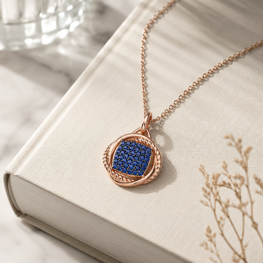 Rose gold and blue cubic zirconia drop pendant necklace